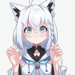 Rule 34 | 1girl, :3, ahoge, animal ear fluff, animal ears, bespectacled, blue eyes, blue neckerchief, blush, braid, breasts, claw pose, commentary, detached sleeves, earrings, extra ears, fox ears, fox girl, front slit, glasses, hair between eyes, hands up, highres, hololive, hood, hoodie, jewelry, kumarang, long hair, long sleeves, looking at viewer, neckerchief, round eyewear, shirakami fubuki, shirakami fubuki (1st costume), side braid, sidelocks, simple background, single earring, solo, symbol-only commentary, upper body, virtual youtuber, white-framed eyewear, white background, white hair, white hoodie, white sleeves, wide sleeves
