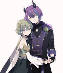 Rule 34 | 1boy, 1girl, black gloves, blue hair, bracelet, closed mouth, demon horns, detached sleeves, gloves, green hair, grey background, hair between eyes, hair ornament, hand grab, height difference, high collar, highres, horns, jewelry, kamishiro rui, kusanagi nene, long hair, multicolored hair, open mouth, partially fingerless gloves, project sekai, purple eyes, purple hair, qi7pi, short hair, simple background, streaked hair, very long hair, yellow eyes