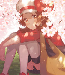 Rule 34 | 1girl, bag, blush, bow, brown eyes, brown hair, cherry blossoms, creatures (company), female focus, flower, game freak, grass, hat, hat bow, knees up, light blush, long sleeves, looking at viewer, lyra (pokemon), matching hair/eyes, nintendo, outdoors, outstretched arms, overalls, parted lips, pokemon, pokemon hgss, red bow, red footwear, red shirt, shirt, shoes, short hair, sitting, solo, teeth, thighhighs, tree, unapoppo, white flower, white hat, white thighhighs