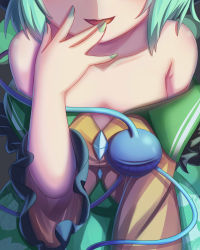 Rule 34 | 1girl, absurdres, bare shoulders, collarbone, dior-zi, green hair, head out of frame, highres, komeiji koishi, long sleeves, off shoulder, shirt, smile, solo, third eye, touhou, upper body, wide sleeves