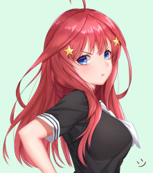 Rule 34 | 1girl, ahoge, angry, black shirt, blue eyes, blush, breasts, commentary request, from side, go-toubun no hanayome, hair between eyes, hair intakes, hair ornament, highres, large breasts, long hair, looking at viewer, nakano itsuki, red hair, school uniform, serafuku, shirt, short sleeves, simple background, smiley face, solo, star (symbol), star hair ornament, upper body, v-shaped eyebrows, wei xiao, white background