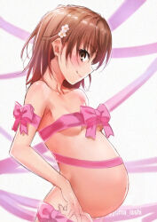Rule 34 | 1girl, arm ribbon, blush, bow, breasts, brown eyes, closed mouth, collarbone, flower, from side, hair flower, hair ornament, isshi pyuma, looking at viewer, looking to the side, misaka mikoto, naked ribbon, navel, pink bow, pregnant, profile, ribbon, scan, short hair, sideways glance, small breasts, smile, solo, stomach, third-party edit, toaru kagaku no railgun, toaru majutsu no index, twitter username, underboob, uniform, upper body, white flower