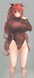 Rule 34 | 1girl, absurdres, ahoge, arm behind back, azur lane, blush, breasts, brown leotard, brown sweater, closed mouth, gluteal fold, grey background, hair tie, hand in own hair, heattech leotard, highres, honolulu (azur lane), impossible clothes, large breasts, leotard, long hair, long sleeves, looking at viewer, red eyes, red hair, ribbed leotard, ribbed sweater, sidelocks, simple background, solo, standing, steam, sweater, turtleneck, twintails, yusha m