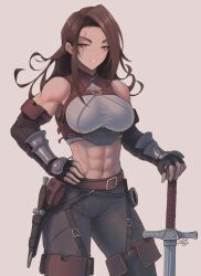 Rule 34 | 1girl, abs, armor, black gloves, black pants, breasts, brown hair, commission, dagger, fingerless gloves, freckles, gloves, greaves, grey background, grey eyes, hand on own hip, highres, holding, holding sword, holding weapon, knife, long hair, looking at viewer, medium breasts, midriff, muscular, muscular female, obliques, original, pants, pouch, scar, scar across eye, simple background, smile, solo, standing, sword, warrior, weapon, zhvo
