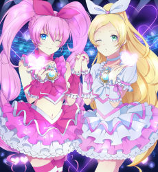Rule 34 | 10s, 2girls, bad id, bad pixiv id, blonde hair, blowing kiss, bow, brooch, choker, cure melody, cure rhythm, dress, earrings, eyelashes, green eyes, heart, highres, holding hands, houjou hibiki, interlocked fingers, jewelry, long hair, magical girl, midriff, minamino kanade, multiple girls, musical note, navel, one eye closed, own hands together, pink bow, pink hair, precure, skirt, staff (music), striped clothes, striped legwear, striped thighhighs, suite precure, surumeri (baneiro), thighhighs, twintails, very long hair, white choker, wink, wrist cuffs