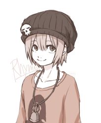 Rule 34 | 1girl, badge, beanie, bell, bitou raimu, character name, closed mouth, collarbone, eyebrows hidden by hair, female focus, hat, jewelry, long sleeves, looking at viewer, necklace, short hair, skull pin, skull print, smile, solo, subarashiki kono sekai, upper body