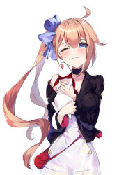 Rule 34 | 1girl, ;3, animal, blonde hair, blue bow, blue eyes, blush, bow, closed mouth, dress, fal (girls&#039; frontline), ferret, ginon (sjyh3466), girls&#039; frontline, hair between eyes, hair bow, highres, holding, holding animal, jacket, long hair, looking at viewer, one eye closed, open clothes, open jacket, side ponytail, sidelocks, simple background, smile, solo, very long hair, white background, white dress
