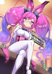 Rule 34 | 1girl, alternate costume, animal ears, black bow, black bowtie, black footwear, bow, bowtie, casino, casino card table, cleo (dragalia lost), closed mouth, collared shirt, commission, dragalia lost, glasses, gradient hair, grimmelsdathird, highres, indoors, long hair, long sleeves, looking at viewer, multicolored hair, pantyhose, pink eyes, pink hair, poker chip, rabbit ears, semi-rimless eyewear, shirt, sitting, sitting on table, solo, table, twintails, very long hair, white pantyhose, white shirt