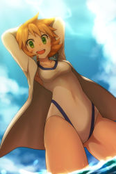 Rule 34 | 00s, 1girl, :d, arms behind back, blue sky, blush, breasts, covered navel, creatures (company), day, from below, game freak, green eyes, gym leader, highres, jacket, misty (pokemon), nintendo, one-piece swimsuit, open clothes, open jacket, open mouth, orange hair, pokemon, pokemon hgss, shiroiponzu, short hair, sky, small breasts, smile, solo, swimsuit, swimsuit under clothes, thighs, wading