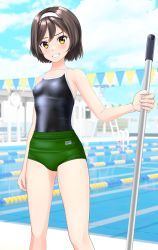 Rule 34 | 1girl, absurdres, black hair, black one-piece swimsuit, blue sky, buruma, cameltoe, cloud, commentary request, competition school swimsuit, cowboy shot, day, fantia commission, feet out of frame, green buruma, grin, hairband, highres, kantai collection, lane line, looking at viewer, mop, one-piece swimsuit, outdoors, pool, school swimsuit, short hair, sky, smile, solo, string of flags, swimsuit, swimsuit under clothes, takafumi, tanikaze (kancolle), white hairband, yellow eyes
