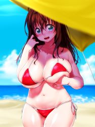 Rule 34 | 1girl, beach, bikini, blue eyes, blue sky, blurry, blurry background, blurry foreground, blush, breast lift, breasts, brown hair, cloud, commentary request, cowboy shot, curvy, day, hair between eyes, halterneck, hand up, highres, huge breasts, legs together, long hair, looking at viewer, navel, ocean, onsoku inu, open mouth, original, outdoors, plump, red bikini, sand, shiny skin, side-tie bikini bottom, side-tie bottom, skindentation, sky, solo, standing, stomach, sweatdrop, swimsuit, tareme
