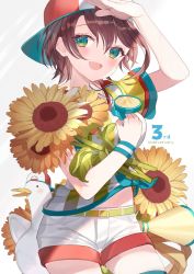 Rule 34 | 1girl, :d, arm up, backwards hat, baseball cap, blush, breasts, brown hair, commentary request, cowboy shot, flower, hair between eyes, hat, highres, holding, holding flower, hololive, looking at viewer, medium breasts, oozora subaru, oozora subaru (1st costume), open mouth, red hat, shiohana, shirt, short hair, short shorts, short sleeves, shorts, simple background, smile, solo, standing, stopwatch, stopwatch around neck, striped clothes, striped shirt, subaru duck, sunflower, vertical-striped clothes, vertical-striped shirt, virtual youtuber, watch, whistle, whistle around neck, white background, white shorts, wristband