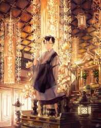Rule 34 | 1boy, absurdres, arm at side, barefoot, black hair, blurry, ceiling, ceiling light, censer, child, closed mouth, day, demon boy, depth of field, flower, full body, glowing, hand up, hanging lantern, highres, hise, indoors, japanese clothes, kesa, kimono, long sleeves, lotus, male focus, on table, oni, original, pointy ears, shinto, short hair, shrine, solo, standing, statue, table, vase, white kimono, wide sleeves, yellow theme