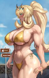 Rule 34 | 1boy, 1girl, abs, absurdres, bare shoulders, barghest (fate), beach, biceps, bikini, blonde hair, breasts, cleavage, command spell, fate/grand order, fate (series), fujimaru ritsuka (male), green eyes, highres, horns, large breasts, long hair, muscular, muscular female, navel, ponytail, raskasar, solo focus, swimsuit, thick thighs, thighs