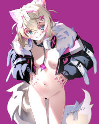 Rule 34 | 1girl, animal ear fluff, animal ears, bandaid, bandaid hair ornament, bar censor, belt, belt collar, black collar, blonde hair, blue eyes, blush, bottomless, breasts, censored, collar, colored inner animal ears, cropped jacket, dog ears, dog girl, fur-trimmed jacket, fur trim, hair ornament, hairband, hands on own hips, headphones, headphones around neck, hololive, hololive english, jacket, mococo abyssgard, mococo abyssgard (1st costume), navel, nipples, open clothes, open jacket, pink background, pink belt, pink hairband, small breasts, smile, solo, sydus, tail, virtual youtuber, x hair ornament