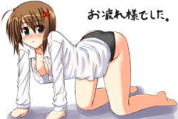 Rule 34 | 00s, 1girl, all fours, ass, barefoot, black panties, blue eyes, blush, brown hair, collarbone, full body, hair ornament, long sleeves, looking at viewer, lyrical nanoha, mahou shoujo lyrical nanoha, mahou shoujo lyrical nanoha strikers, no pants, nose blush, open clothes, open shirt, panties, shirt, simple background, solo, translated, underwear, white background, x hair ornament, yagami hayate