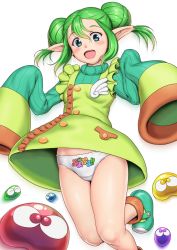 Rule 34 | 1girl, blue eyes, breasts, buttons, commentary request, copyright name, double bun, dress, foot out of frame, green dress, green footwear, green hair, hair between eyes, hair bun, head tilt, highres, lidelle (puyopuyo), looking at viewer, medium hair, open mouth, orizen, panties, pinafore dress, pointy ears, puyopuyo, sega, sidelocks, simple background, sleeveless dress, sleeves past fingers, sleeves past wrists, small breasts, smile, solo, tareme, underwear, white background
