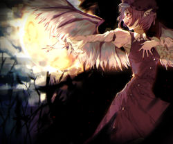 Rule 34 | 1girl, animal ears, backlighting, bird wings, blouse, bob cut, bow, brown dress, brown hat, collared shirt, dark, dress, dress bow, fingernails, full moon, glowing, hat, head wings, juliet sleeves, long sleeves, moon, music, mystia lorelei, night, open mouth, outstretched arm, pinafore dress, pink hair, plant, puffy sleeves, red eyes, sharp fingernails, shirt, singing, sky, sleeveless, sleeveless dress, solo, sparks, tian (my dear), touhou, very long fingernails, white shirt, wings