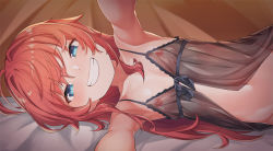 Rule 34 | 1girl, ahoge, armpits, babydoll, bare shoulders, blanket, blue eyes, grin, highres, ichinose kazuki, konnyaku (kk-monmon), lingerie, long hair, looking at viewer, lying, navel, nipples, on bed, on side, original, outstretched arms, pov across bed, red hair, see-through, smile, solo, stomach, under covers, underwear, underwear only