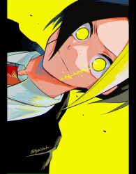 Rule 34 | 1boy, artist name, black hair, blonde hair, closed mouth, collared shirt, finn ames, freckles, genjitsu o miro, highres, looking at viewer, mashle, multicolored hair, necktie, portrait, red necktie, shirt, short hair, sideways, simple background, smile, solo, two-tone hair, yellow eyes