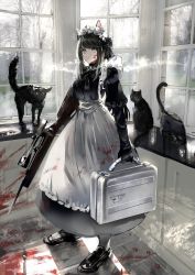 Rule 34 | 1girl, absurdres, animal ears, apron, black dress, black footwear, black gloves, black hair, blood, blood on clothes, blood on face, blood on ground, cat, cat ears, cat girl, cigarette, commentary, dress, english commentary, full body, gawako, gloves, green eyes, gun, highres, holding, holding gun, holding weapon, indoors, juliet sleeves, long hair, long sleeves, maid, maid apron, maid headdress, original, paw print, puffy sleeves, rifle, slit pupils, smoking, sniper rifle, solo, tree, weapon, weapon case, white apron, window