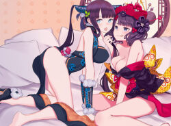 Rule 34 | 2girls, absurdres, bed, black hair, fate/grand order, fate (series), highres, japanese clothes, katsushika hokusai (fate), multiple girls, on bed, sitting, tongue, tongue out, yamada nagi