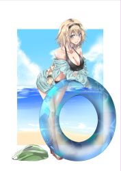 Rule 34 | 1girl, alternate costume, bare shoulders, beach, bikini, black bikini, blonde hair, blue eyes, blue jacket, blue sky, breasts, collarbone, contemporary, day, dorashieru, eyes visible through hair, fate/grand order, fate (series), floral print, front-tie top, full moon, hair between eyes, hairband, highres, innertube, jacket, jeanne d&#039;arc (fate), jeanne d&#039;arc (ruler) (fate), jeanne d&#039;arc (swimsuit archer) (fate), jeanne d&#039;arc (swimsuit archer) (first ascension) (fate), large breasts, leaning forward, long hair, midriff, moon, ocean, outdoors, parted lips, sand, sky, smile, solo, stomach, swim ring, swimsuit, very long hair, water