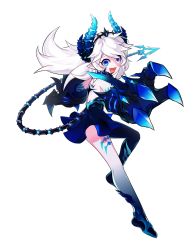 Rule 34 | 1girl, :d, asymmetrical clothes, blue eyes, claws, diabla (elsword), elsword, full body, highres, horns, hwansang, leg lift, legs, long hair, looking at viewer, luciela r. sourcream, official art, open mouth, pointy ears, single pantsleg, smile, solo, tail, tattoo, transparent background, white hair