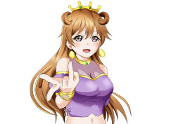 Rule 34 | 1girl, absurdres, artist name, artist request, blush, bracelet, breasts, brown hair, butterfly (love live!), choker, cleavage, clothing cutout, collarbone, cropped shirt, crown, detached sleeves, double bun, dress, dress shirt, earrings, female focus, gold bracelet, hair between eyes, hair bun, hair rings, harem outfit, highres, jewelry, konoe kanata, long hair, looking at viewer, love live!, love live! nijigasaki high school idol club, love live! school idol festival, medium breasts, navel, parted lips, puffy short sleeves, puffy sleeves, purple eyes, purple shirt, reaching, reaching towards viewer, shirt, short sleeves, shorts, shoulder cutout, smile, solo, two side up, upper body, white background, yellow bracelet, yellow choker