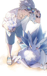 Rule 34 | 1boy, absurdres, adjusting eyewear, alolan form, alolan sandslash, alternate color, black-framed eyewear, blush stickers, bracelet, collarbone, collared shirt, commentary request, creatures (company), eating, eyewear on head, game freak, gen 7 pokemon, grey eyes, grey hair, hands up, highres, holding, jewelry, leaning forward, male focus, necklace, nintendo, official alternate costume, open clothes, open shirt, parted lips, pokemon, pokemon (creature), pokemon masters ex, ring, sandals, shirt, short hair, shorts, smile, spiked hair, standing, steven stone, steven stone (summer 2020), sunglasses, toes, white shirt, xia (ryugo)