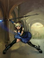 Rule 34 | blue eyes, boots, buckle, circle skirt, crown, dress, fighting stance, gwendolyn (odin sphere), highres, jewelry, odin sphere, oni-wan, polearm, ring, short dress, short hair, solo, spear, thighhighs, weapon, white hair