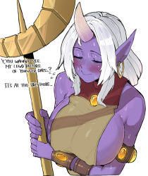 Rule 34 | 1girl, armband, bare shoulders, blush, bracelet, closed eyes, closed mouth, colored skin, covered erect nipples, crescent, earrings, flying sweatdrops, gem, glowing, gradient horns, holding, holding staff, hoop earrings, horns, jewelry, league of legends, long hair, multicolored horns, ohasi, pointy ears, purple skin, single earring, single horn, solo, soraka (league of legends), staff, sweat, sweatdrop, talking, turtleneck, white hair, yellow gemstone
