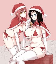 Rule 34 | 2girls, alternate costume, bikini, black hair, blue eyes, blush, bra, breasts, brown hair, cape, chainsaw man, christmas, elbow gloves, gloves, hat, highres, huge breasts, large breasts, light smile, long hair, looking at viewer, makima (chainsaw man), medium hair, mole, mole under eye, mole under mouth, multiple girls, panties, pink background, red bikini, red bra, red cape, red panties, red ribbon, ribbon, ringed eyes, santa bikini, santa claus (chainsaw man), santa costume, santa hat, simple background, smile, sou (mgn), swimsuit, thighhighs, underwear, white gloves, white legwear, yellow eyes