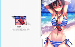 Rule 34 | 1girl, armpits, beach, bikini, breasts, brown eyes, brown hair, camera, cleavage, day, english text, engrish text, front-tie top, highres, large breasts, matsuryuu, navel, ocean, one eye closed, product placement, ranguage, short hair, side-tie bikini bottom, smile, solo, source request, strap, striped bikini, striped clothes, swimsuit, undressing, wallpaper, wink