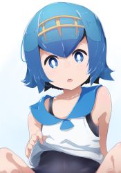 Rule 34 | 1girl, arm support, bad id, bad pixiv id, bare shoulders, blue eyes, blue hair, blue sailor collar, bright pupils, clothes lift, creatures (company), game freak, hairband, highres, lana (pokemon), looking at viewer, nintendo, npc trainer, one-piece swimsuit, pokemon, pokemon sm, sailor collar, shirt lift, short hair, sitting, sleeveless, solo, swimsuit, swimsuit under clothes, trial captain, wada kazu