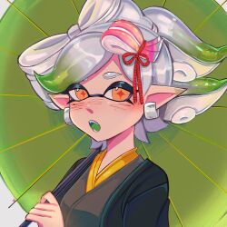 Rule 34 | 1girl, black kimono, earrings, green hair, highres, holding, holding umbrella, inkling, japanese clothes, jewelry, kimono, marie (splatoon), multicolored hair, nintendo, open mouth, pointy ears, ruinique, short hair, solo, splatoon (series), splatoon 1, star-shaped pupils, star (symbol), symbol-shaped pupils, teeth, two-tone hair, umbrella, upper body, white hair, yellow eyes