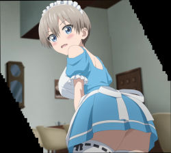 Rule 34 | 1girl, absurdres, apron, ass, blue dress, blue eyes, blush, breasts, dress, from behind, grey hair, headdress, highres, large breasts, looking at viewer, looking back, maid, maid apron, maid headdress, screencap, short hair, skirt, stitched, thighhighs, thighs, third-party edit, uzaki-chan wa asobitai!, uzaki hana, white apron, white legwear, white thighhighs