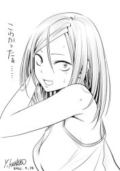 Rule 34 | 1girl, 2021, artist name, ayakashi triangle, commentary request, dated, greyscale, light blush, looking at viewer, medium hair, monochrome, open mouth, shirt, signature, simple background, sketch, solo, toba yayoi, translation request, white background, yabuki kentarou