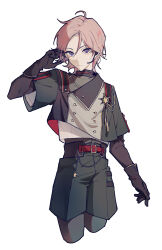 Rule 34 | 1boy, :|, a dark night&#039;s passing (ensemble stars!), ahoge, alensxx, belt, belt buckle, belt chain, black gloves, black pantyhose, buckle, buttons, closed mouth, cropped legs, double-breasted, earpiece, ensemble stars!, expressionless, gloves, green jacket, green shorts, grey shirt, hand in own hair, hand up, highres, holding, holding own hair, jacket, lapels, layered sleeves, long sleeves, looking at viewer, male focus, medal, microphone, official alternate costume, oukawa kohaku, pantyhose, parted bangs, pink hair, purple eyes, red belt, shirt, short hair, short over long sleeves, short sleeves, shorts, simple background, solo, white background