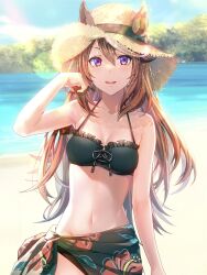 Rule 34 | 1girl, alternate costume, animal ears, aoi (07aoi15), arm at side, bare shoulders, bikini, black bikini, breasts, brown hair, cleavage, cowboy shot, day, ears through headwear, floral print, groin, halterneck, hand up, hat, highres, horizon, horse ears, lens flare, long hair, looking at viewer, navel, open mouth, outdoors, purple eyes, sarong, small breasts, smile, solo, straw hat, swimsuit, symboli rudolf (umamusume), tree, umamusume