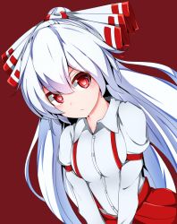 Rule 34 | 1girl, blouse, bow, closed mouth, collared shirt, expressionless, fujiwara no mokou, hair bow, kredorf, long hair, long sleeves, red background, red eyes, shirt, simple background, solo, suspenders, touhou, white hair, white shirt