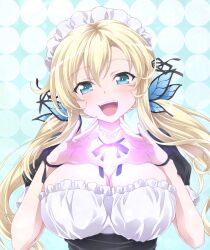 Rule 34 | 1girl, blonde hair, blue butterfly, blue eyes, boku wa tomodachi ga sukunai, breasts, bug, butterfly, butterfly hair ornament, cleavage, facing viewer, hair ornament, highres, insect, kashiwazaki sena, large breasts, long hair, looking at viewer, maid, maid headdress, open mouth, solo, upper body, watanabe yoshihiro