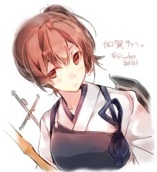 Rule 34 | 10s, 1girl, bad id, bad pixiv id, bow (weapon), brown eyes, brown hair, character name, kaga (kancolle), kantai collection, long hair, looking at viewer, machinery, muneate, puuko (iberiko neko), side ponytail, solo, upper body, weapon
