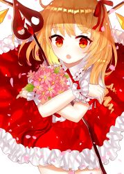 Rule 34 | 1girl, :o, blonde hair, bouquet, cowboy shot, crossed arms, daisy, embellished costume, flandre scarlet, flower, frilled skirt, frills, hair ribbon, holding, holding bouquet, holding sword, holding weapon, laevatein, looking at viewer, no headwear, petals, puffy short sleeves, puffy sleeves, red eyes, red skirt, red vest, ribbon, sakizaki saki-p, short hair, short sleeves, side ponytail, simple background, skirt, skirt set, solo, sword, touhou, vest, weapon, white background, wings, wrist cuffs
