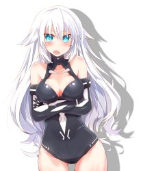 Rule 34 | &gt;:o, 10s, 1girl, :o, bare shoulders, black heart (neptunia), blue eyes, blurry, blush, breasts, cleavage, cleavage cutout, clothing cutout, cowboy shot, crossed arms, depth of field, elbow gloves, flipped hair, gloves, hair between eyes, hair flaps, halterneck, hip focus, leotard, long hair, looking at viewer, magical girl, medium breasts, neptune (series), noire (neptunia), open mouth, power symbol, power symbol-shaped pupils, rinrin (927413), shadow, shiny skin, simple background, solo, standing, symbol-shaped pupils, thigh gap, turtleneck, v-shaped eyebrows, very long hair, wavy hair, white background, white hair
