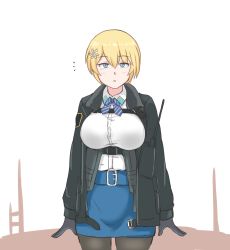 Rule 34 | 1girl, black jacket, blonde hair, blue eyes, blue skirt, breasts, commentary, english commentary, girls&#039; frontline, gloves, hair ornament, jacket, large breasts, long sleeves, mole, mole under eye, pencil skirt, selby, short hair, simple background, skirt, snowflake hair ornament, solo, vsk-94 (girls&#039; frontline), white background