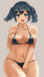 Rule 34 | 1girl, bikini, black bikini, blue eyes, blue hair, blush, breasts, commentary, grey background, hair ribbon, hand on own chest, kantai collection, large breasts, medium hair, open mouth, ribbon, short twintails, simple background, solo, souryuu (kancolle), swimsuit, toka (marchlizard), twintails