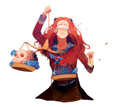 Rule 34 | 1girl, belt, bird, blindfold, bluebird, brown skirt, crying, diana (kyokugen dasshutsu), freckles, gun, highres, kyokugen dasshutsu, long hair, long sleeves, orange hair, parted lips, pixelyte, red sweater, skirt, skull, solo, standing, sweater, tears, video game, weapon, weighing scale, white background, zero escape: toki no jirenma