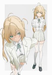 Rule 34 | 1girl, ahoge, blonde hair, blush, breasts, collared shirt, expressionless, full body, green eyes, highres, jacket, large breasts, leaning forward, loafers, long hair, looking at viewer, multiple boys, neck ribbon, open clothes, open jacket, original, pleated skirt, ribbon, school uniform, shirt, shoes, skindentation, skirt, thighhighs, twintails, usurai rairai, white jacket, white shirt, white skirt, white thighhighs, zettai ryouiki
