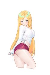 Rule 34 | 1girl, ass, bad id, bad twitter id, blonde hair, blue eyes, blue nails, breasts, closed mouth, crop top, cropped legs, cutoffs, embarrassed, highres, large breasts, long hair, long sleeves, looking at viewer, midriff, nail polish, original, red shorts, shirt, short shorts, shorts, side-tie shirt, simple background, siun, solo, thighs, very long hair, white background, white shirt
